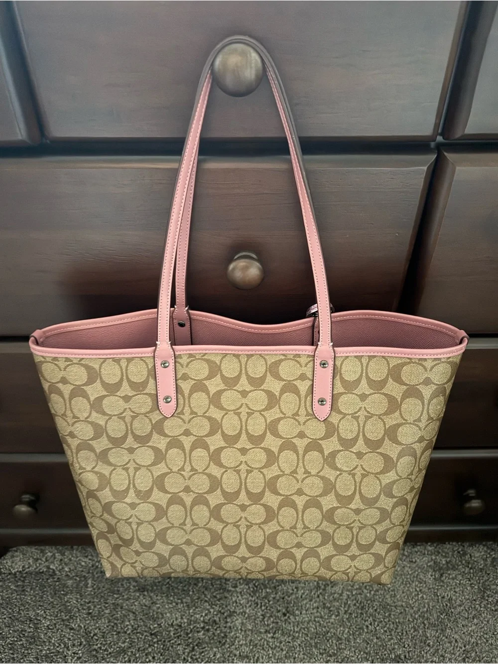 Coach Brown Signature Canvas Tote with Pink Trim and Unicorn Graphic